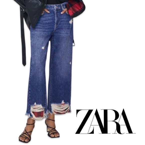 Zara Denim - ZARA High Rise Wide Leg Raw Crop -  Plaid Detail -  Dark Wash Jeans -  SZ 0